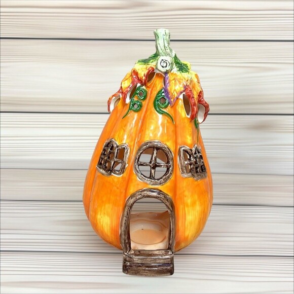 Pumpkin Fairy House Cottage Tealight Holder Ceramic Harvest Fall Halloween Decor - Picture 1 of 10